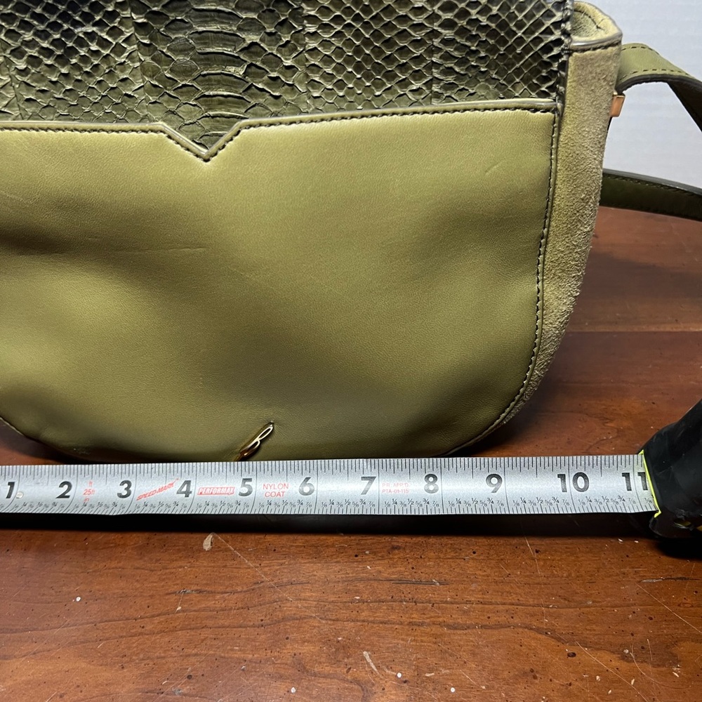 Brian Atwood Snakeskin Saddle crossbody Purse made w/ goat&lamb Green 10”x8” - Picture 14 of 16